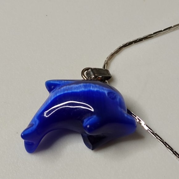 Glass Blue Dolphin Pendant Necklace 15.5 Inches - Picture 13 of 16